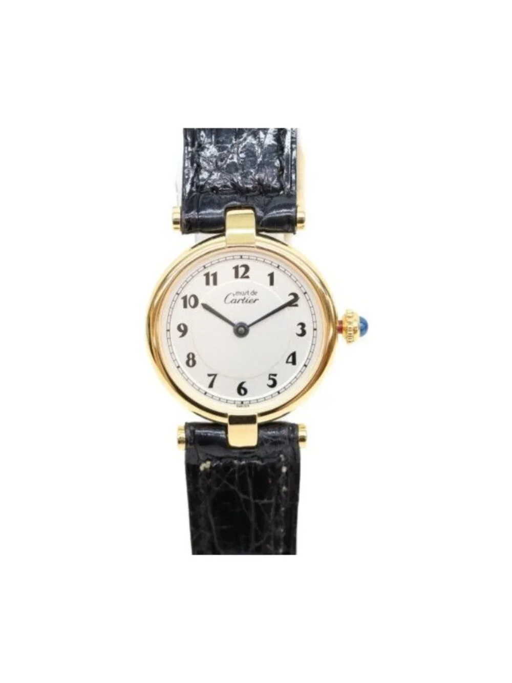 Cartier 925 Must Vende Mevermeil SM Arabic Silver Dial Quartz Black Leather